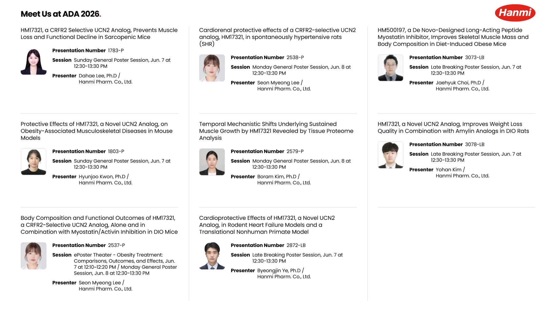 Overview of key poster abstracts to be presented by Hanmi at ADA 2026 (Source: Hanmi Pharmaceutical website).
